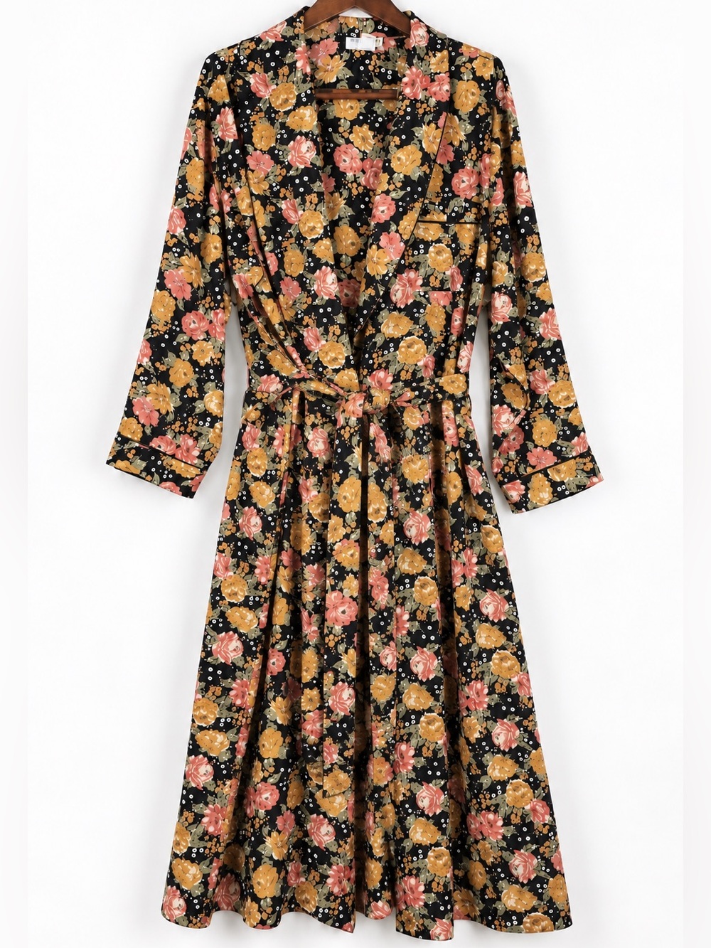 Vintage 90s B.G. Street Floral Long Robe Black Rose Belted L